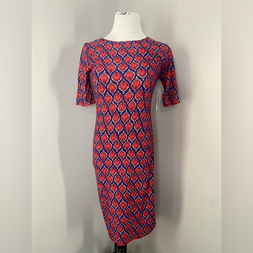 LuLaRoe Julia Dress Red and Blue Geometric Midi Form Fitting